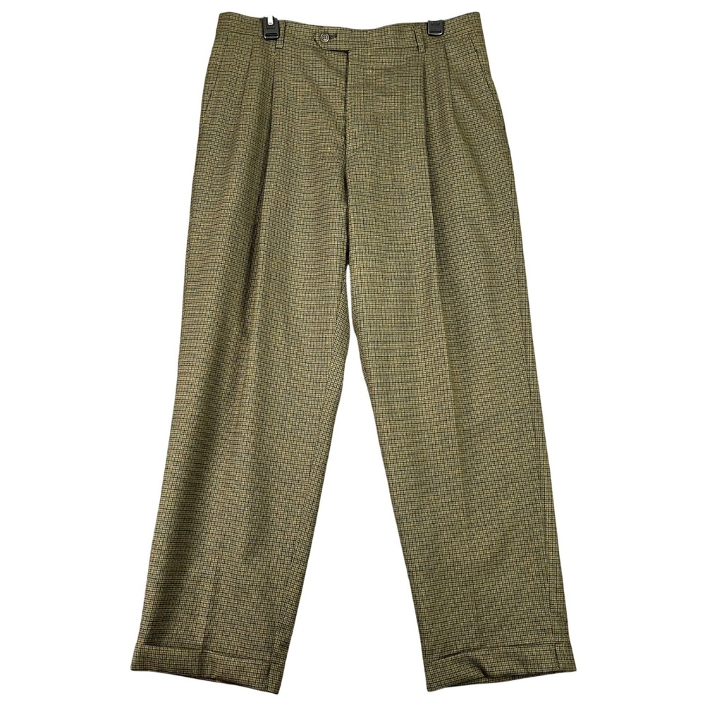 Hart Schaffner Marx Comfort Plus Pleated Dress Pants Micro Check Cuffed 36 Mens